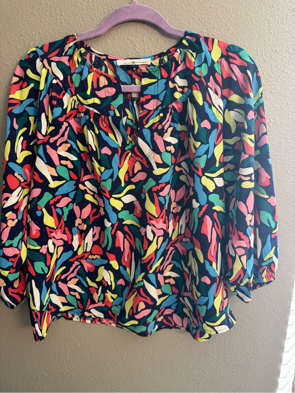 Multicolor Abstract Split-Neck Blouse in Navy